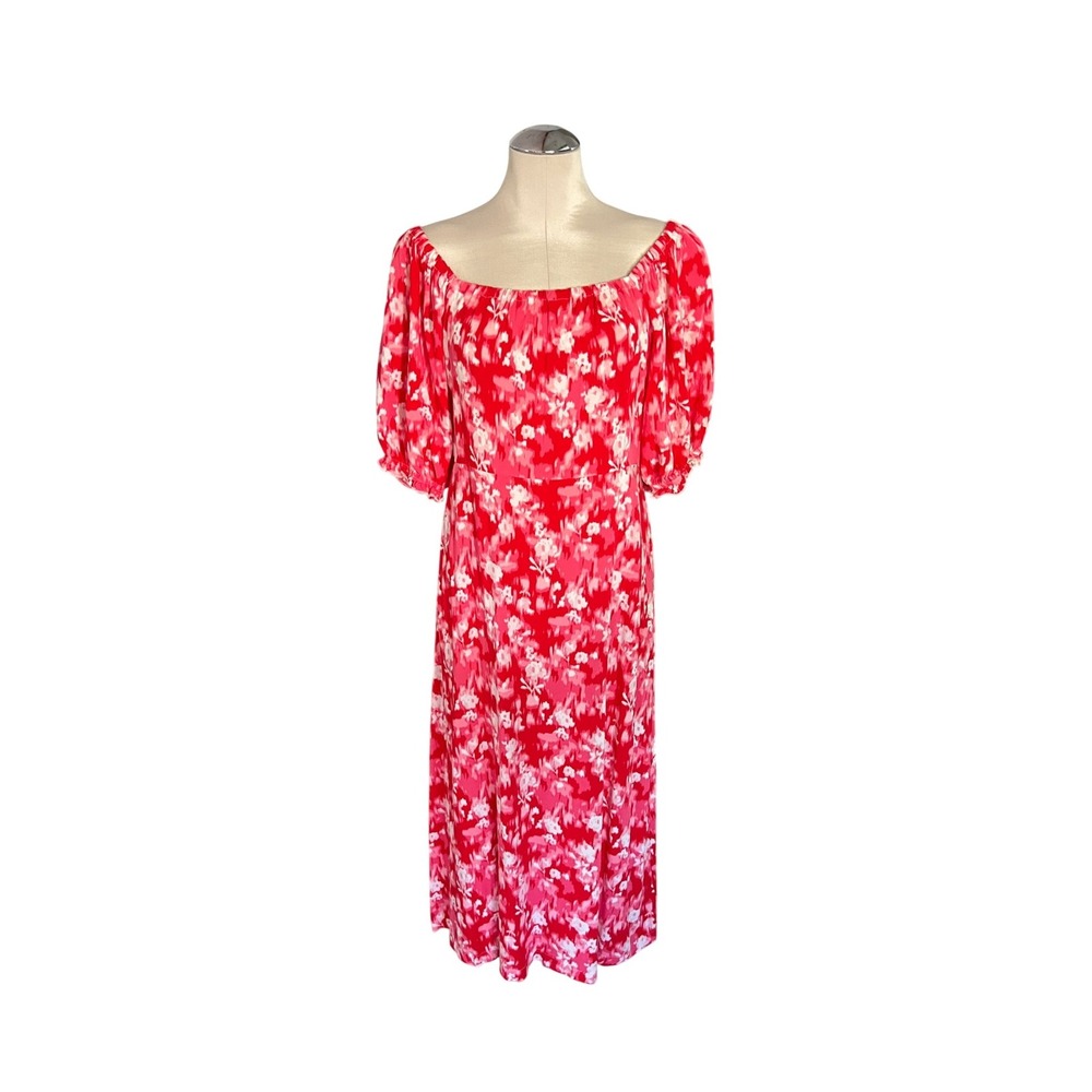 Bobeau Red Pink Floral Midi Dress XL Puff Sleeve Square Neck Smocked Back